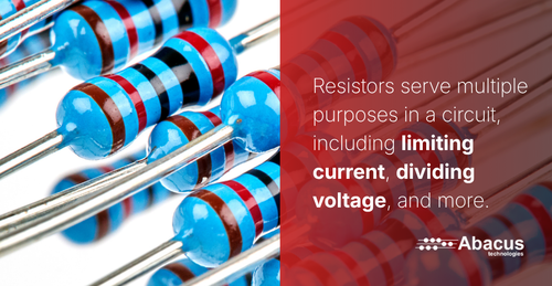 An image of a resistor with the text "Resistors serve multiple purposes in a circuit, including limiting current, dividing voltage, and more."